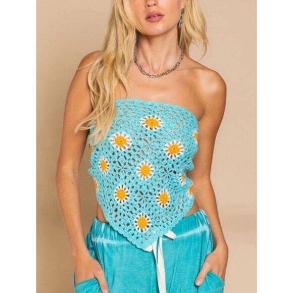 POL Strapless Crochet Top Women’s Medium Flower Bandana Aqua Blue Hippie 70s - Picture 1 of 11